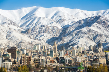 Winter Tehran  view with a snow covered Alborz Mountains on back