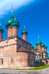 Ancient repairing church of red brick in sunny day