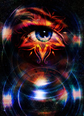 Goddess Woman eye and oriental ornamental mandala in cosmic space.