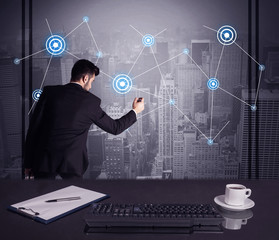 Salesman drawing strategy at office meeting