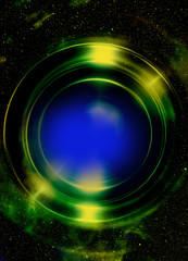 Color abstract background in cosmos stars and light circle. Copy space.