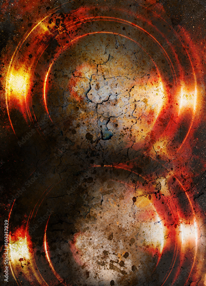 Poster Color abstract background and desert crackle,  fire effect and lava structure. Copy space.