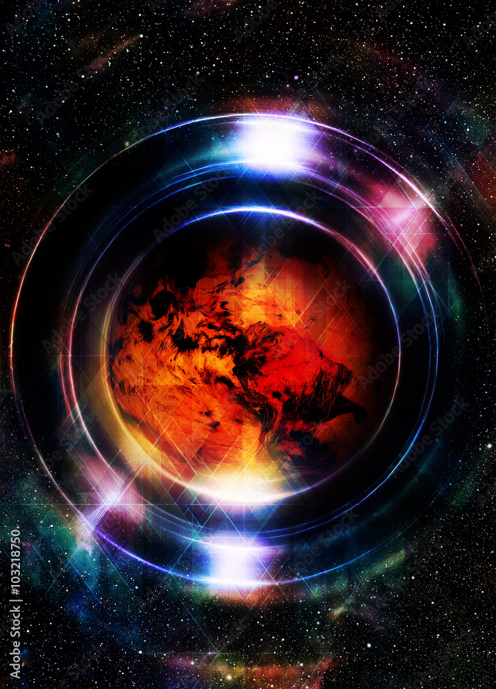 Aufkleber Planet earth in light circle with light triangle structure. Cosmic Space background. Computer collage. Earth concept. Elements of this image furnished by NASA.