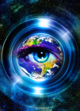Planet Earth in light circle and woman eye, Cosmic Space background. Computer collage. Earth concept. Planet earth in light rays. Elements of this image furnished by NASA.