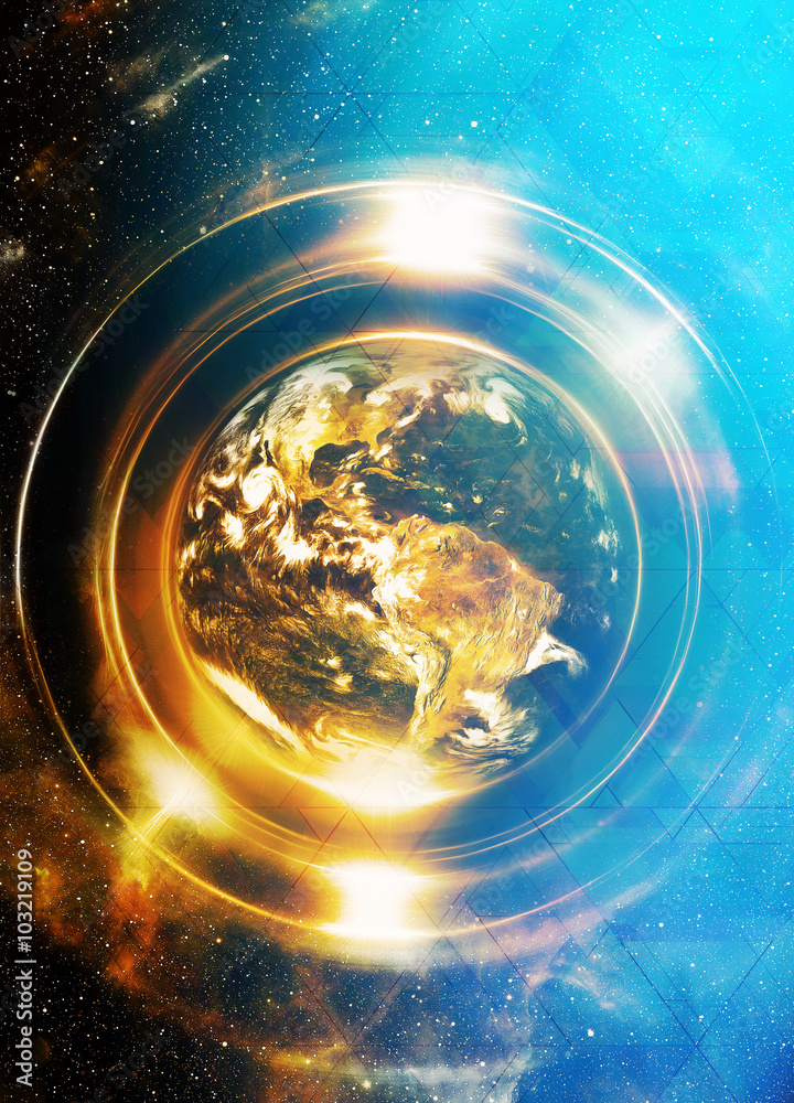 Poster Planet earth in light circle with light triangle structure. Computer collage. Earth concept. Planet earth in light rays. Elements of this image furnished by NASA.