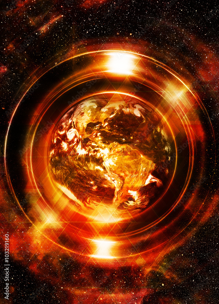 Aufkleber Planet earth in light circle with light triangle structure. Cosmic Space background. Computer collage. Earth concept. Elements of this image furnished by NASA.
