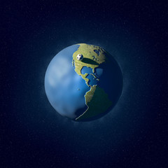An illustration of a grass and water covered planet