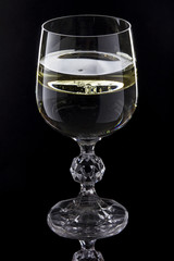 Wineglass filled with water and oil on black background