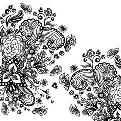 Zen-doodle background or  pattern   with flowers butterflies hearts black on white for   package or  for coloring page or relax coloring book