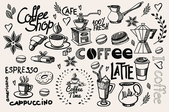 hand drawn coffee icons on background