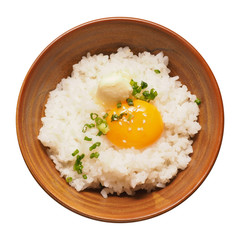 Warm rice with egg york isolated on white