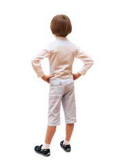 A boy is back in full length, isolated on white background
