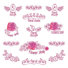 Fototapeta na wymiar The set of hand drawn emblems and floral signs for flower shop. Flower shop labels for your design on the pink watercolor background. Doodles, sketch. Vector illustration.