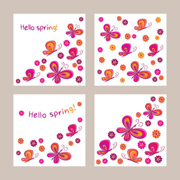 Set of greeting cards with butterflies and flowers. Hello spring. Congratulation. Elements for mother's day, birthday, wedding. Doodles, sketch for your design. Vector illustration.