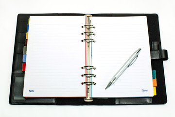 Open notebook with ballpoint pen.