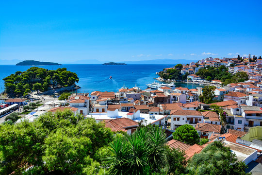 Panoramic view of Skathos town and harbour, Skathos island, Greece