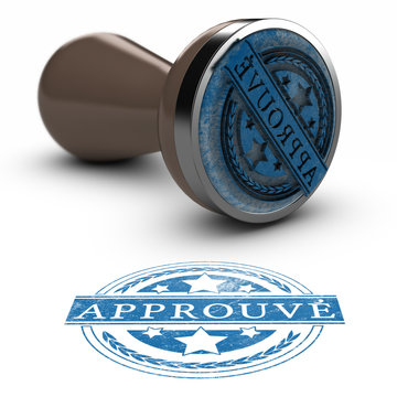 Cachet approuv&eacute; bleu et tampon encreur sur fond blanc.