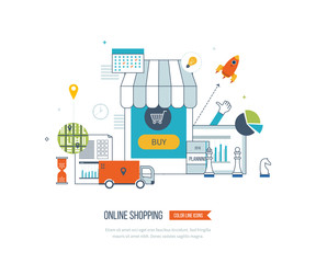 Mobile marketing concept. Online shopping. Shopping basket. Investment business. Delivery.