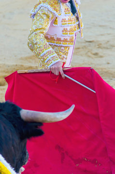 Bullfighter giving a pass to the bull with his cape