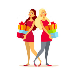 Vector illustration of two young girls with gift boxes on light