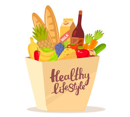 Vector illustration of colorful natural products in bag with tex