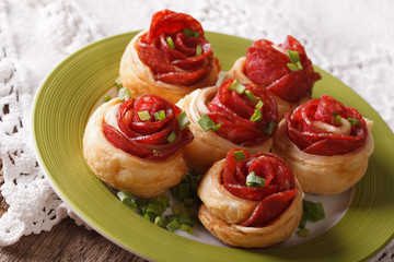 Beautiful hot sandwiches with salami in the form of a flower. horizontal
