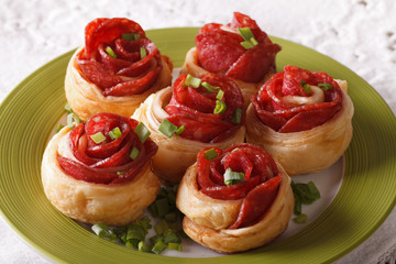 Delicious food: baked roll with salami and cheese close-up. horizontal
