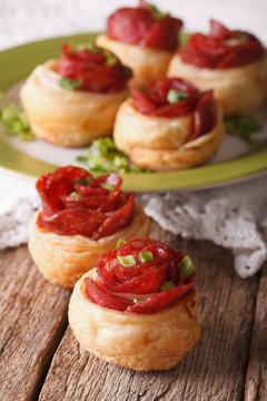 Fototapeta Mini pizza with salami and cheese close-up. vertical  