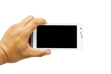 hand holding blank smart phone isolated on white background