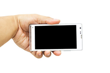 hand holding blank smart phone isolated on white background