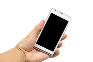 hand holding blank smart phone isolated on white background