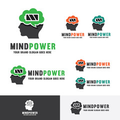 Brain Energy. Brain battery. Human head idea fuel. Mind power. Strong Idea company identity. Smart brain school logo.