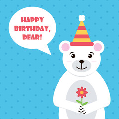 Flat design polar bear with bouquet of flowers illustration. Colorful birthday greeting card with cute white bear.