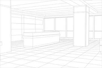 Interior office outlined. Tracing illustration of 3d