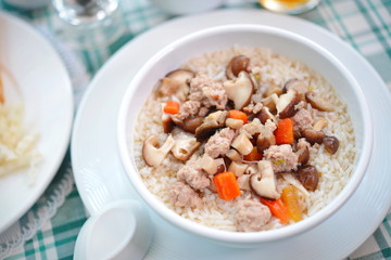 Boiled rice pork or mush for breakfast.