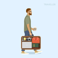 Man with the suitcase holding coffee