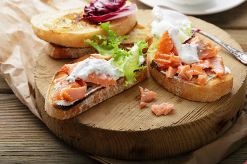 bruschetta with sauce and salmon