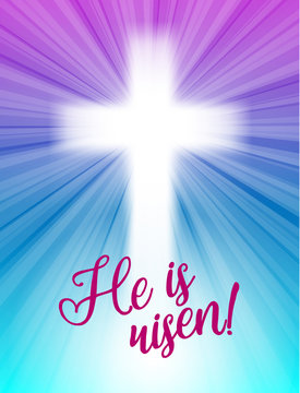abstract white cross with rays and text He is risen, christian easter motive, illustration