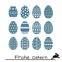 Set Ostereier - blau weiße Farbtöne - österliche Motive und Ornamente mit Ostergruß und süßem Hasen -