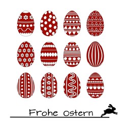 Set Ostereier - rot weiße Farbtöne - österliche Motive und Ornamente mit Ostergruß und Hasen -