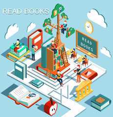 The concept of learning, read books in the library, tree of knowledge, isometric flat design 