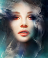 mysterious woman, smoke background. digital art