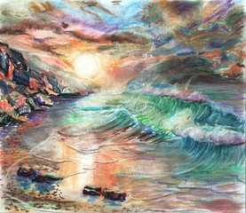 Fototapeta na wymiar Hand drawn seascape with raging surf,cloudy sunset
