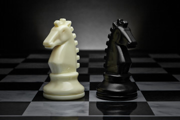 Chess. Black and White Knights on the board. Set of chess figures.