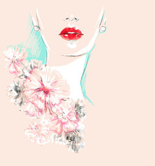 Beautiful woman portrait. Hand painted fashion illustration