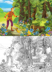 Cartoon scene - prince in the forest looking for path - coloring page - illustration for the children
