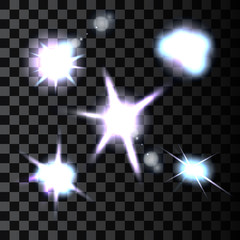 Set of Abstract Lens Flares. Shine Star Illustration. Shine Stars With Glitters. Lights and Sparkles on Transparent Background. Transparent Light Effects for Your Design. Vector Illustration.