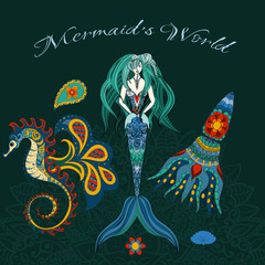 Hand drawn Ornamental Mermaid, sea-horse and calmar, Mermaid dark background, Girl with tall in tribal. Doodle Mermaid. Set of Mermaid, hippocampus/sea-horse, calamar/Kalmar, octopus