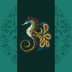 Fototapeta premium Hand drawn Ornamental sea horse. sea horse dark background, sea horse in tribal. Doodle sea horse. Colored sea horse on ornamental mandala background