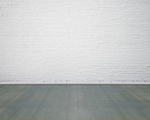 White brick wall with vintage wooden floor indoor